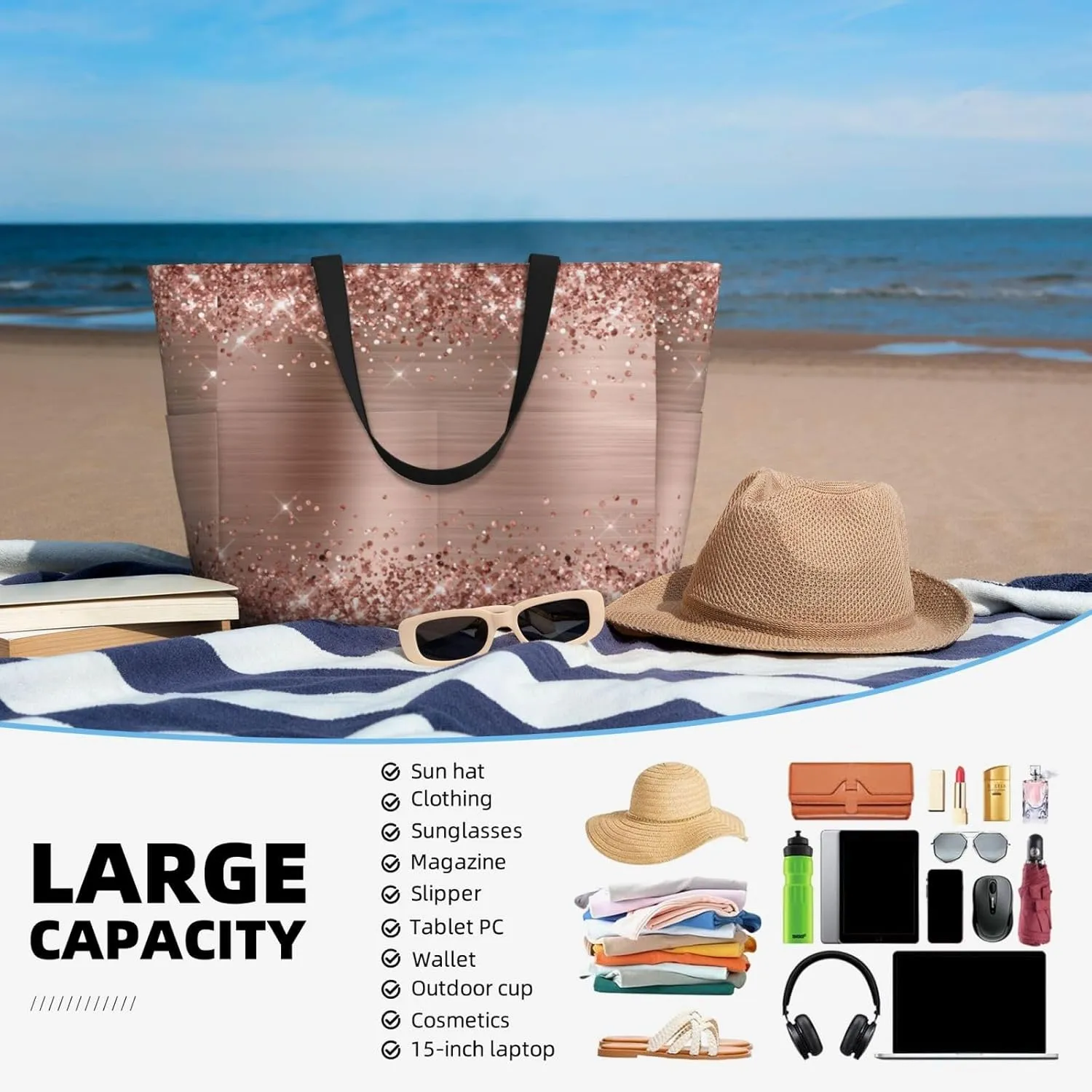 Large Beach Bag For Women Waterproof Foldable Travel Shoulder Tote Bag With Pocket For Weekender Pool Vacation