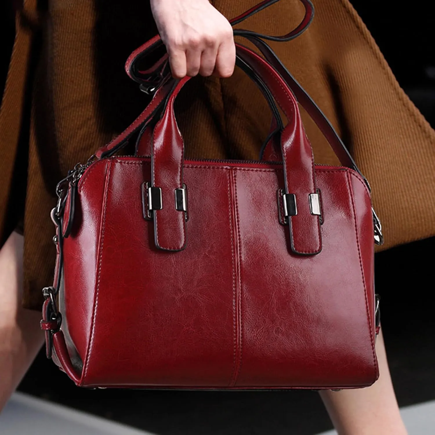 Large Leather Satchel Bag For Women Genuine Leather Handle Bag Work Tote Purse And Handbags With Triple Compartments