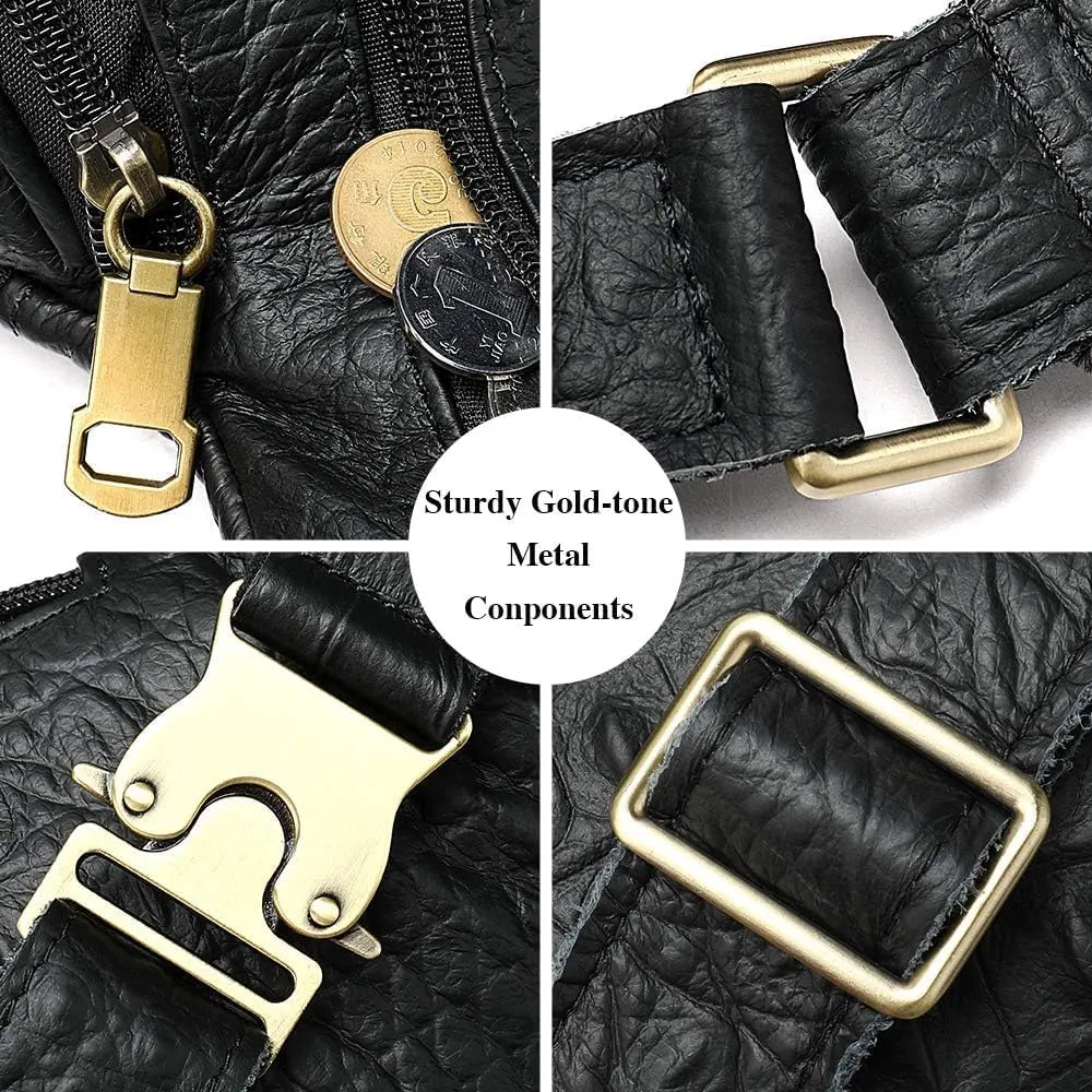 Leather Extra Large Fanny Pack Plus Size Sling Waist Pack Hip Belt Bag for Women and Men Crocodile Embossed Black(Black Croco)