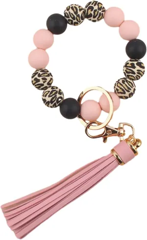 Leopard Silicone Beaded Wristlet Keychain, PU Tassel Bracelet Bangle Beads Car Keyring for Women,Wrist Key Chains