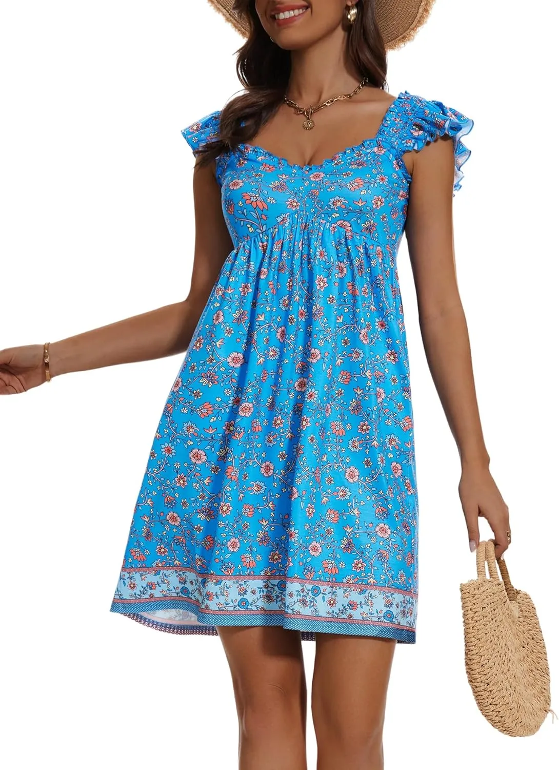 LOLOCCI Bohemian Sweetheart Neck Ruffle Sleeve Midi Smocked Sundress Teens Flowy Patchwork Floral Milkmaid Dress with Pockets