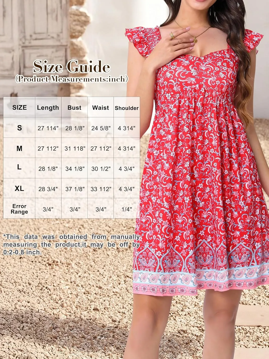 LOLOCCI Bohemian Sweetheart Neck Ruffle Sleeve Midi Smocked Sundress Teens Flowy Patchwork Floral Milkmaid Dress with Pockets