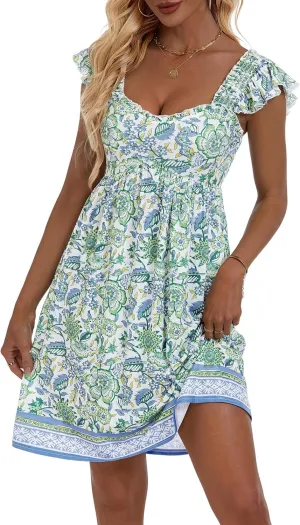 LOLOCCI Bohemian Sweetheart Neck Ruffle Sleeve Midi Smocked Sundress Teens Flowy Patchwork Floral Milkmaid Dress with Pockets