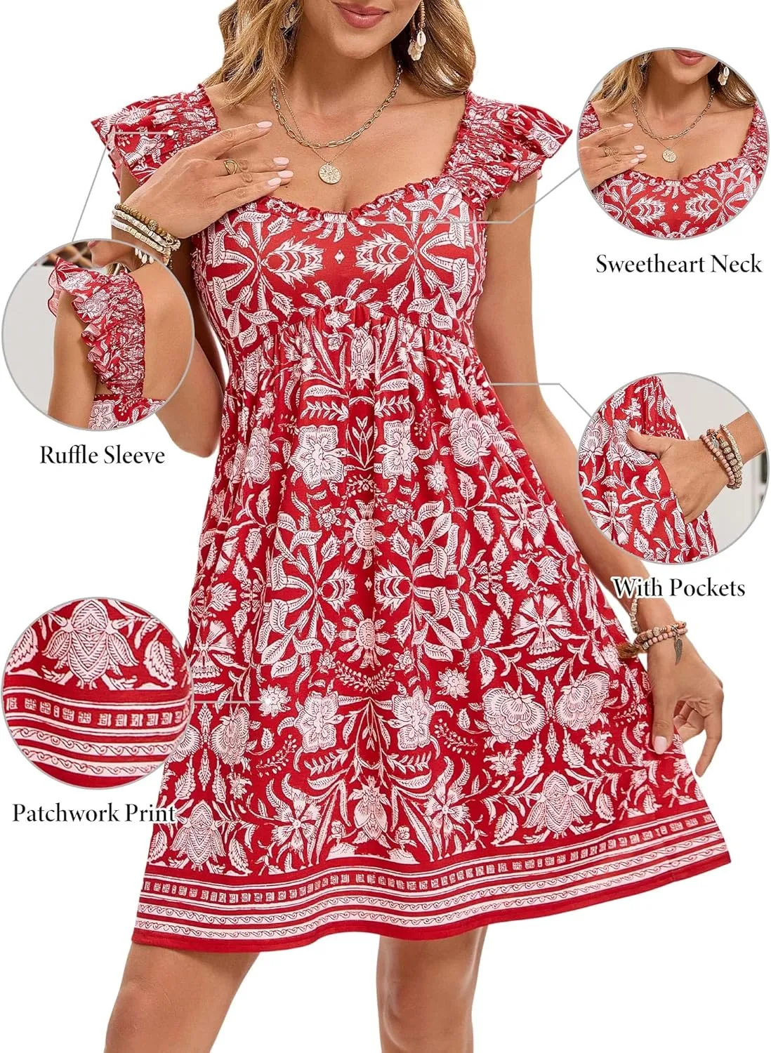 LOLOCCI Bohemian Sweetheart Neck Ruffle Sleeve Midi Smocked Sundress Teens Flowy Patchwork Floral Milkmaid Dress with Pockets