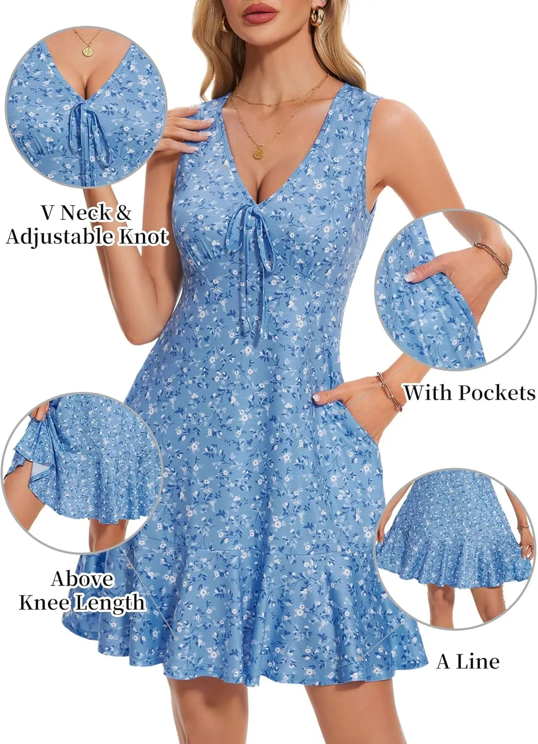 LOLOCCI Women Cute Flowy Mini V Neck Floral Sundresses Sleeveless Vacation Summer Dress for Teens Milkmaid Easter with Pocket