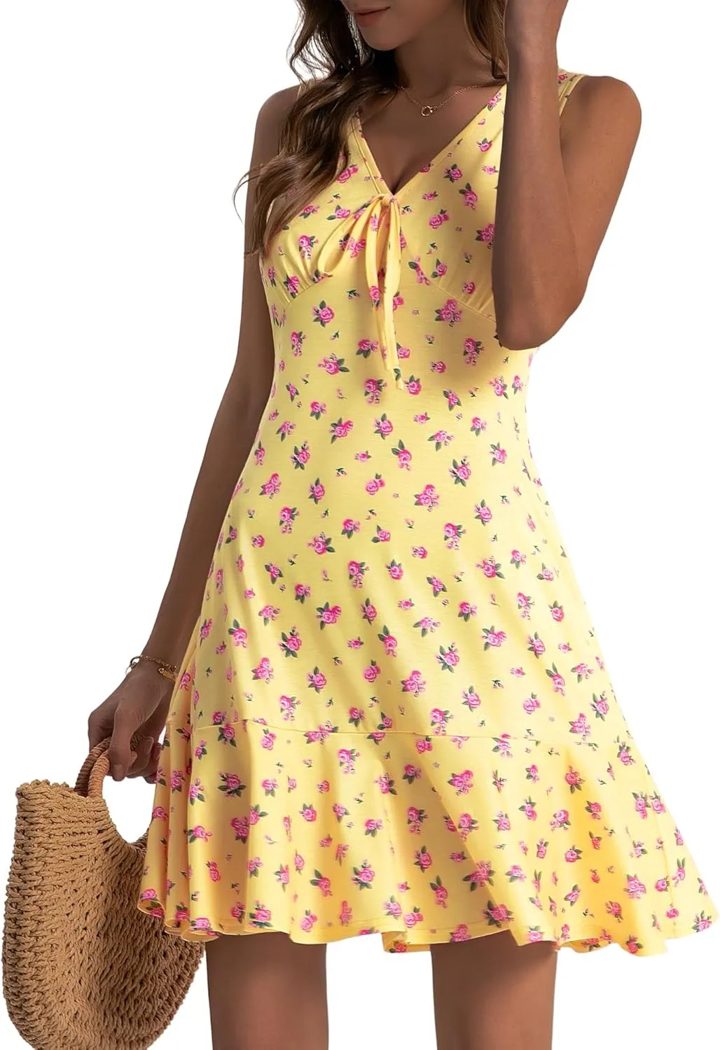 LOLOCCI Women Cute Flowy Mini V Neck Floral Sundresses Sleeveless Vacation Summer Dress for Teens Milkmaid Easter with Pocket