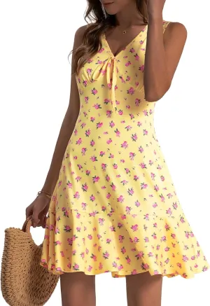 LOLOCCI Women Cute Flowy Mini V Neck Floral Sundresses Sleeveless Vacation Summer Dress for Teens Milkmaid Easter with Pocket