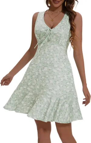 LOLOCCI Women Cute Flowy Mini V Neck Floral Sundresses Sleeveless Vacation Summer Dress for Teens Milkmaid Easter with Pocket