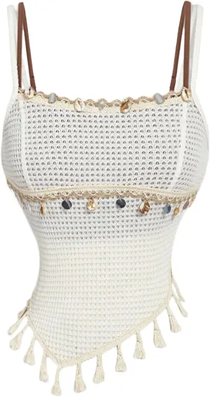 MakeMeChic Women's Boho Fringe Crochet Asymmetric Cami Tops Shell Spaghetti Strap Knitted Camisole