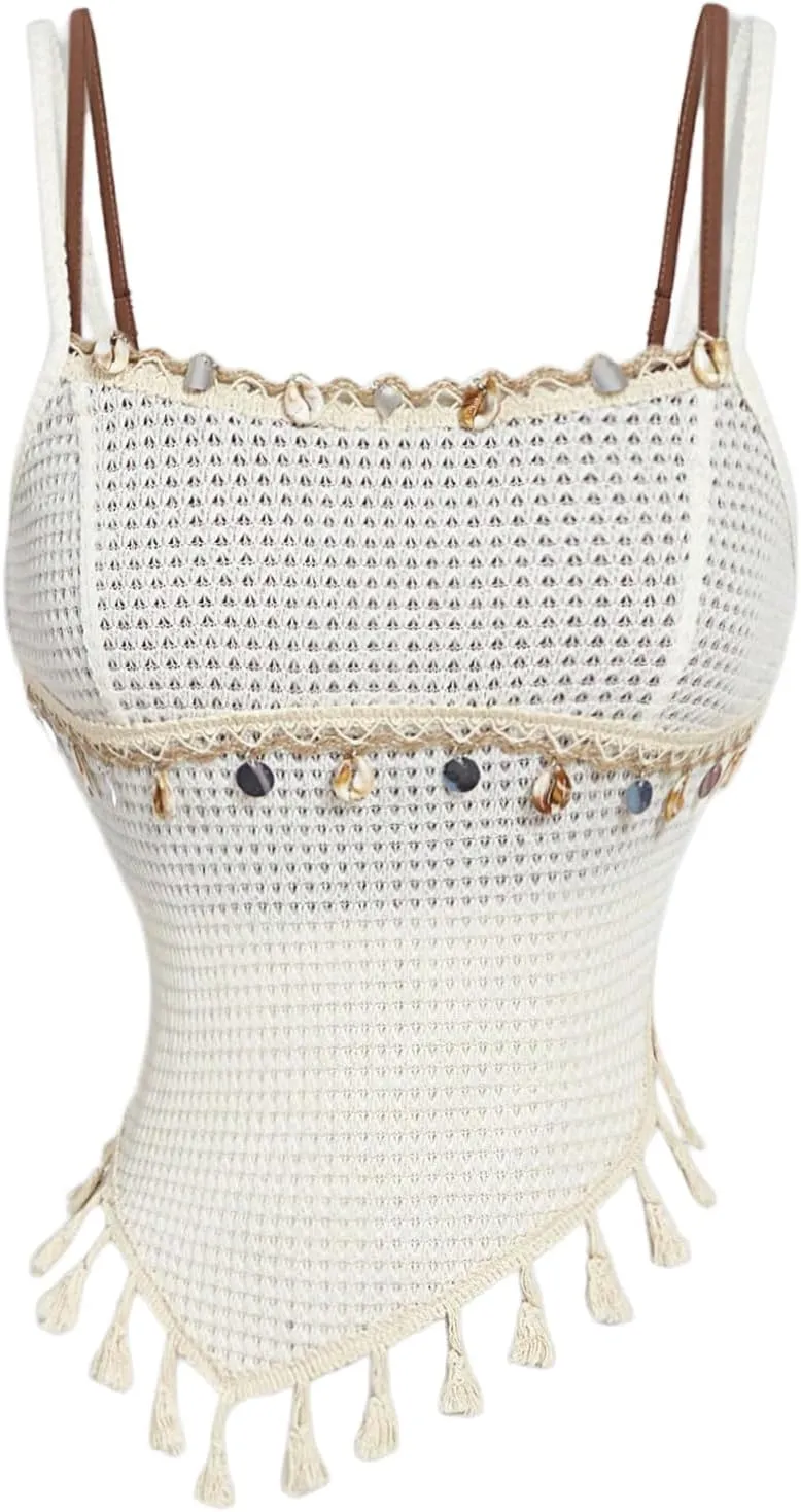 MakeMeChic Women's Boho Fringe Crochet Asymmetric Cami Tops Shell Spaghetti Strap Knitted Camisole