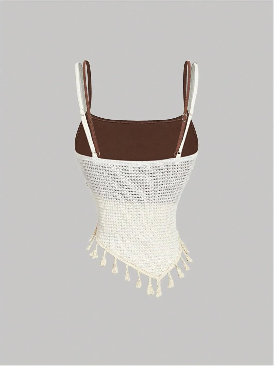 MakeMeChic Women's Boho Fringe Crochet Asymmetric Cami Tops Shell Spaghetti Strap Knitted Camisole
