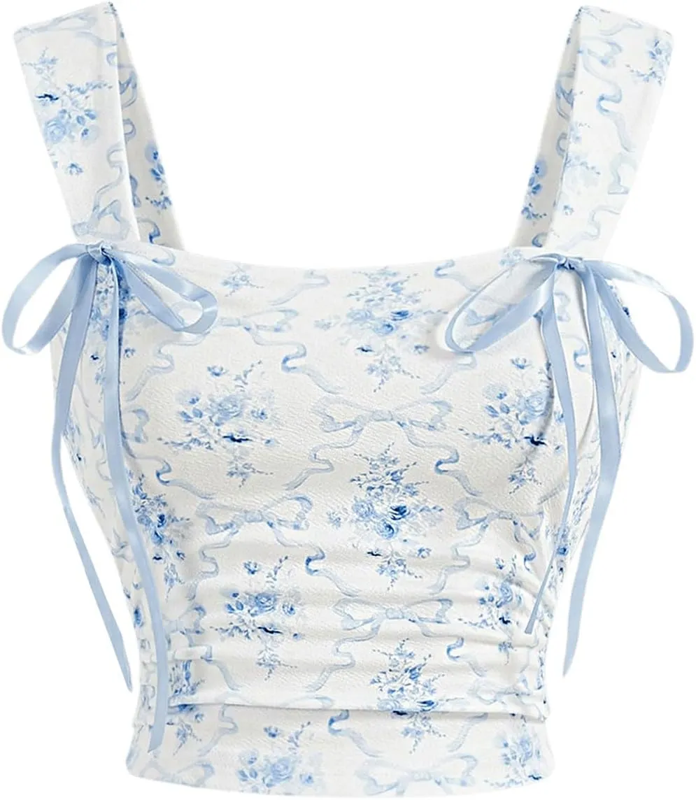 MakeMeChic Women's Floral Bow Wide Strap Cami Top Ruched Sleeveless Tank Crop Tops