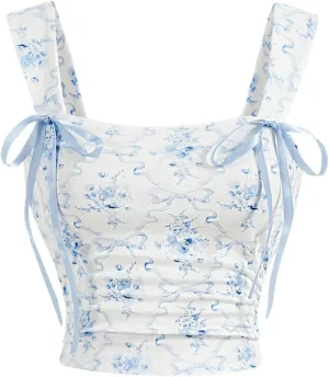 MakeMeChic Women's Floral Bow Wide Strap Cami Top Ruched Sleeveless Tank Crop Tops
