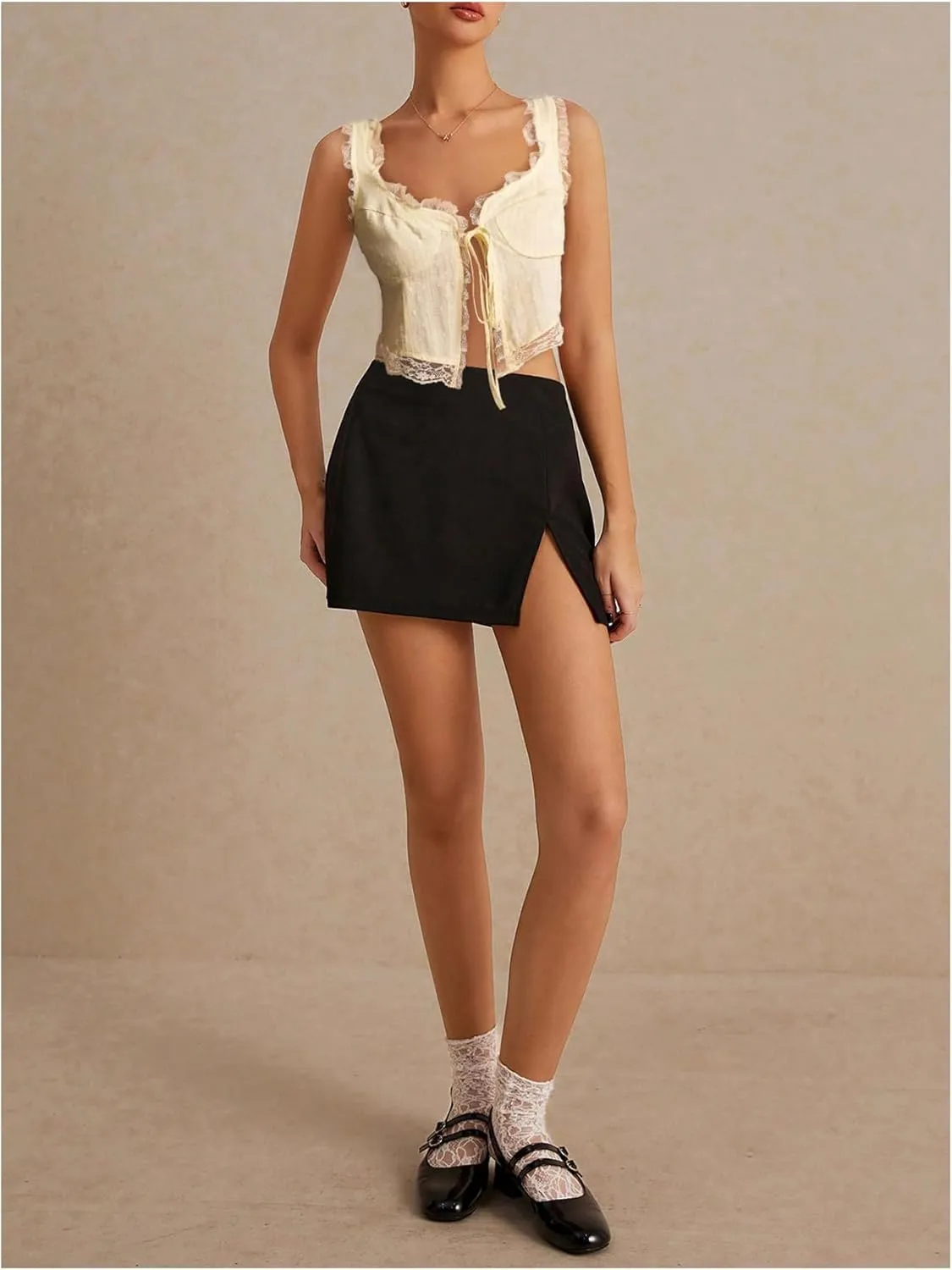 MakeMeChic Women's Floral Lace Camisole Tops Sleeveless Tie Front Wide Strap Crop Tank Top