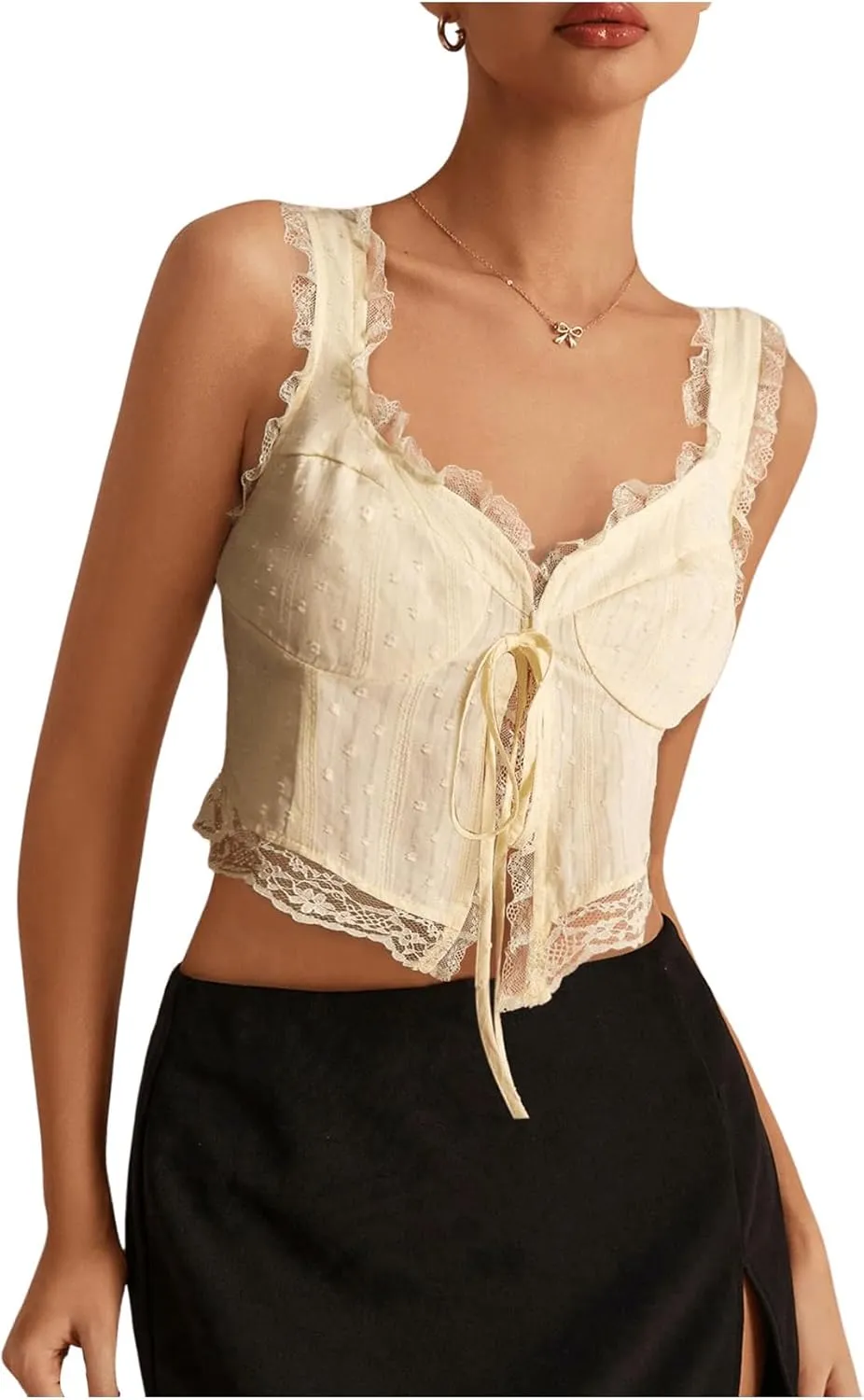 MakeMeChic Women's Floral Lace Camisole Tops Sleeveless Tie Front Wide Strap Crop Tank Top