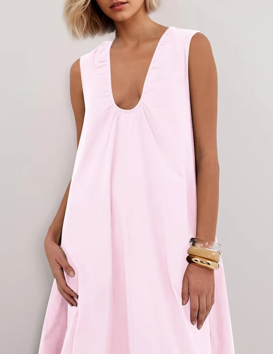 Maxi Dress for Women Sleeveless Long Summer Sundresses Flowy Vacation Beach Cotton Dress with Pockets