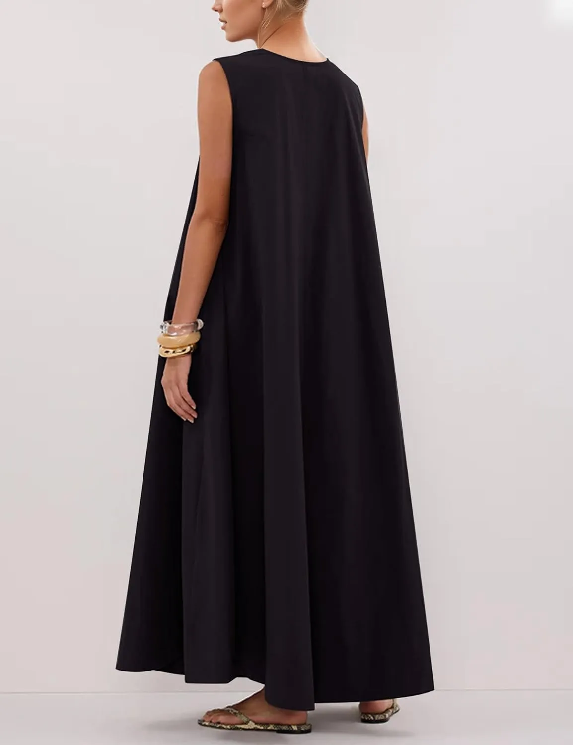 Maxi Dress for Women Sleeveless Long Summer Sundresses Flowy Vacation Beach Cotton Dress with Pockets