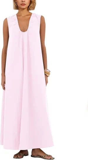Maxi Dress for Women Sleeveless Long Summer Sundresses Flowy Vacation Beach Cotton Dress with Pockets