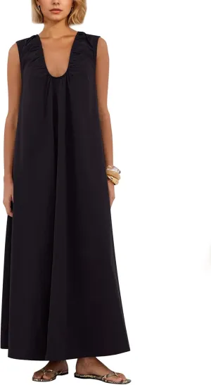 Maxi Dress for Women Sleeveless Long Summer Sundresses Flowy Vacation Beach Cotton Dress with Pockets
