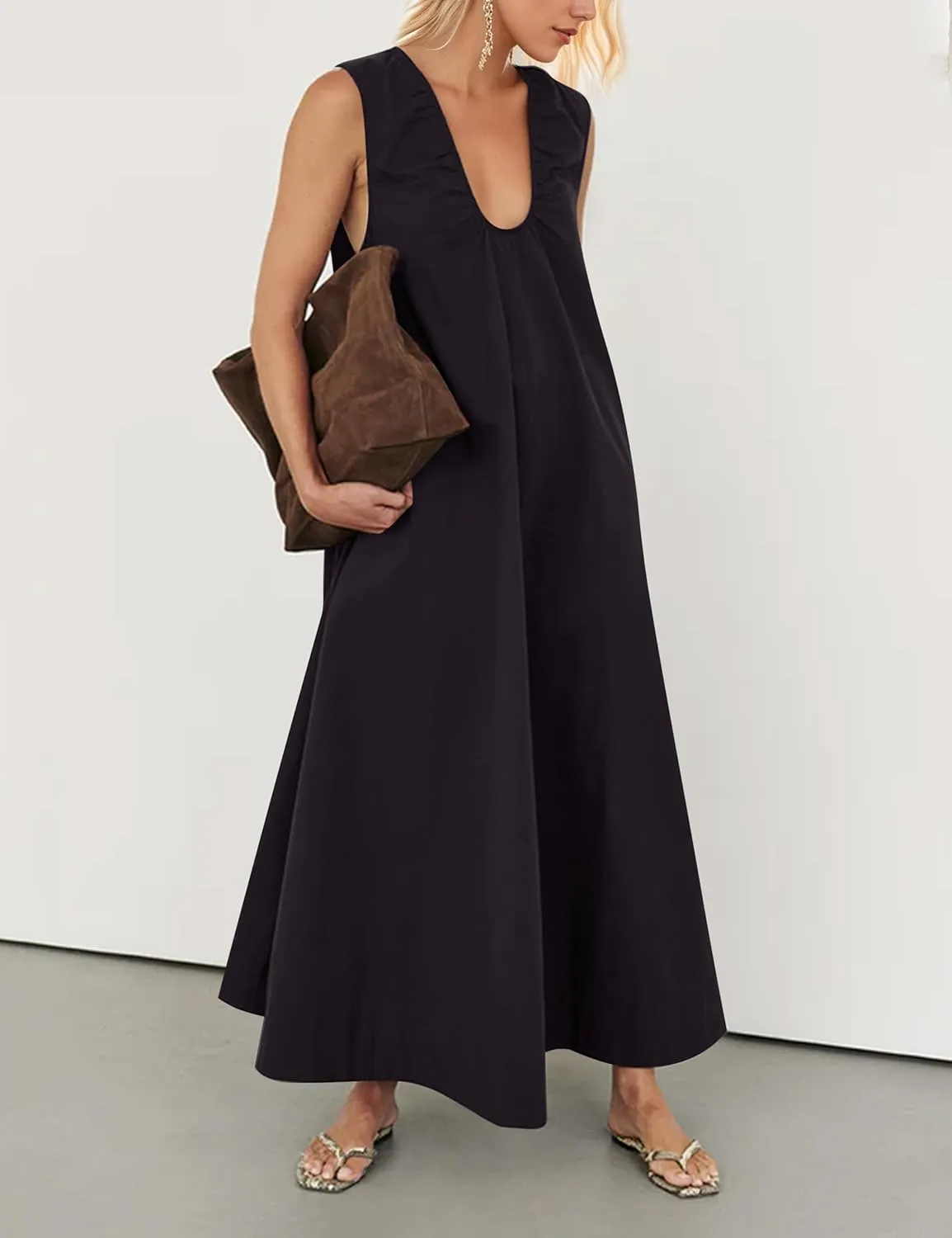 Maxi Dress for Women Sleeveless Long Summer Sundresses Flowy Vacation Beach Cotton Dress with Pockets