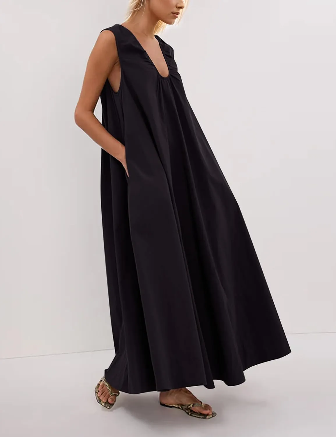 Maxi Dress for Women Sleeveless Long Summer Sundresses Flowy Vacation Beach Cotton Dress with Pockets