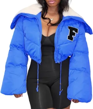 Mayntop Women Sherpa Polar Fleece Shawl Collar Cropped Letter Puffer Bomber Varsity Jacket Zipper Cotton Padded Streetwear