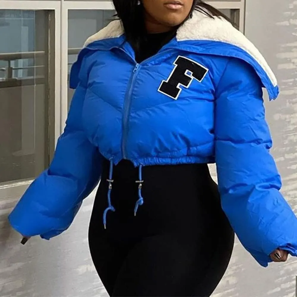 Mayntop Women Sherpa Polar Fleece Shawl Collar Cropped Letter Puffer Bomber Varsity Jacket Zipper Cotton Padded Streetwear
