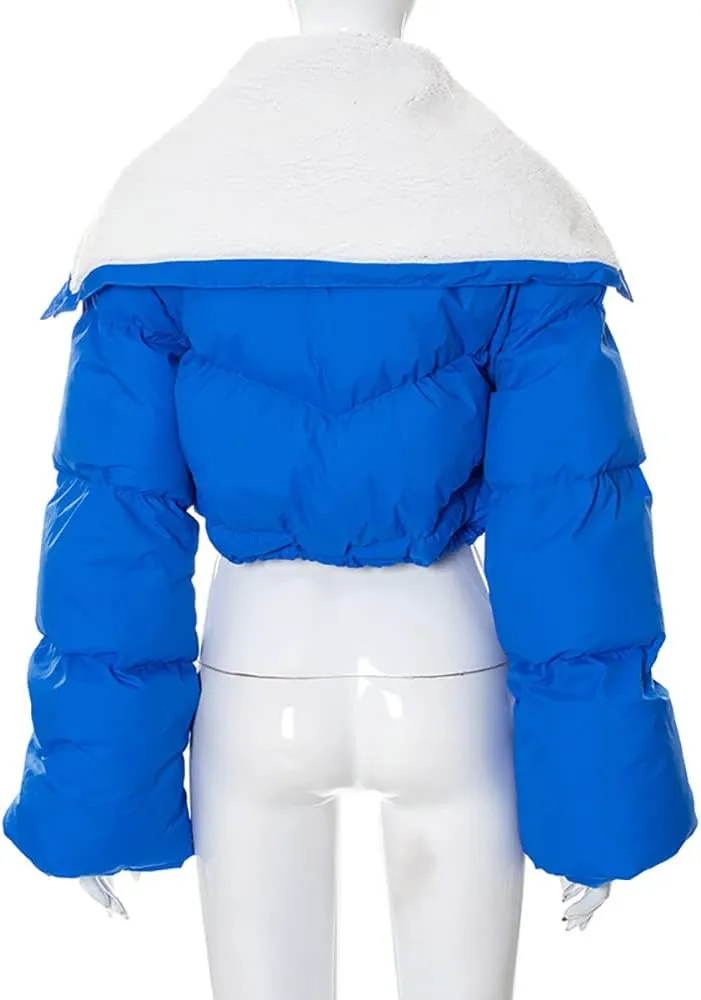 Mayntop Women Sherpa Polar Fleece Shawl Collar Cropped Letter Puffer Bomber Varsity Jacket Zipper Cotton Padded Streetwear