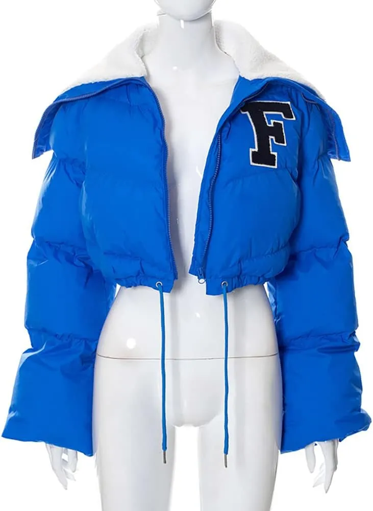 Mayntop Women Sherpa Polar Fleece Shawl Collar Cropped Letter Puffer Bomber Varsity Jacket Zipper Cotton Padded Streetwear