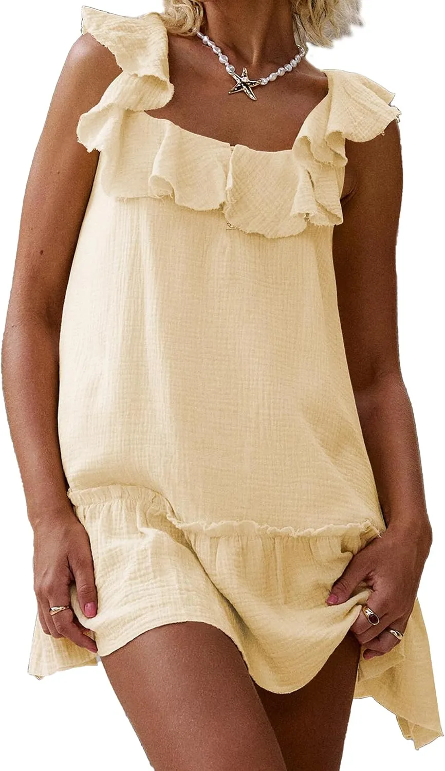 Meladyan Women's Ruffle Babydoll Mini Dress Summer Sleeveless Swing Flowy Loose Short Beach Sundress