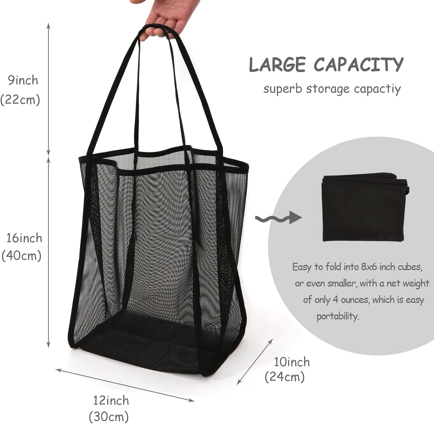 Mesh Beach Tote Bag for Sand Toys Kids Women Foldable Lightweight Durable Outdoor Shopping Travel Swim