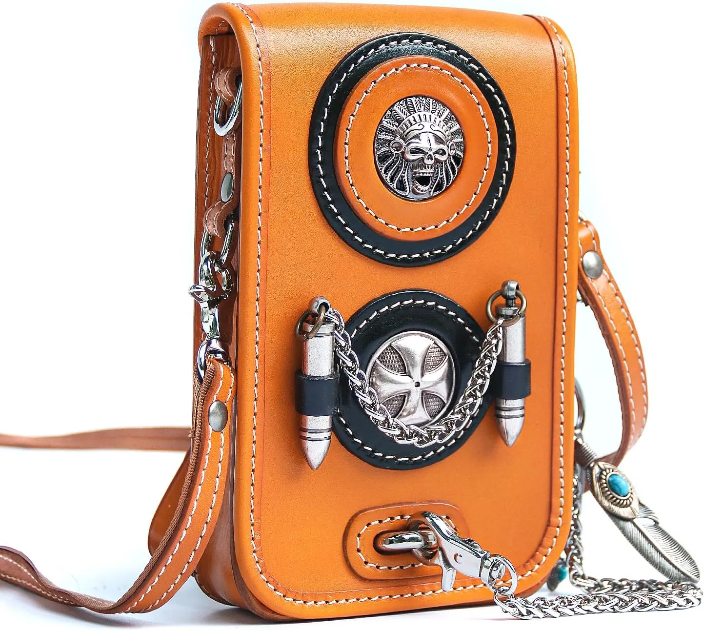 Motorcycle Waist Pack Motorcycle Small Crossbody Purse for Cell Phone, Leather Steampunk Pouch Casual for Outdoor, Travel, Walking and Motorcycling (Orange)