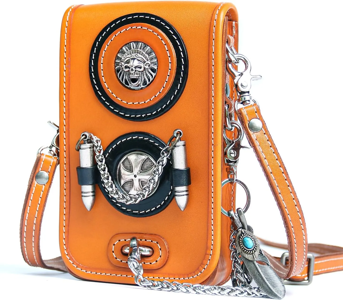 Motorcycle Waist Pack Motorcycle Small Crossbody Purse for Cell Phone, Leather Steampunk Pouch Casual for Outdoor, Travel, Walking and Motorcycling (Orange)