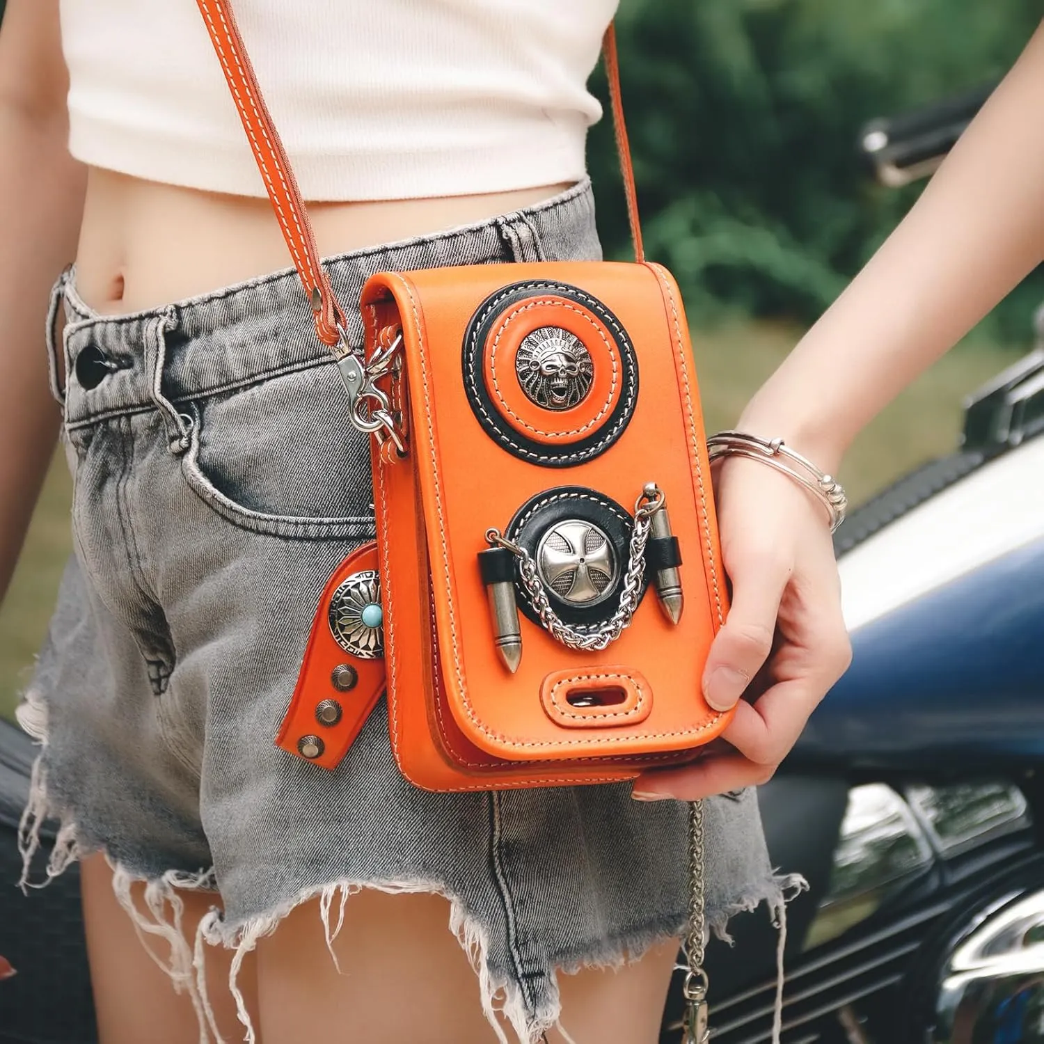 Motorcycle Waist Pack Motorcycle Small Crossbody Purse for Cell Phone, Leather Steampunk Pouch Casual for Outdoor, Travel, Walking and Motorcycling (Orange)