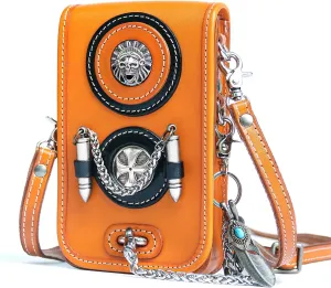 Motorcycle Waist Pack Motorcycle Small Crossbody Purse for Cell Phone, Leather Steampunk Pouch Casual for Outdoor, Travel, Walking and Motorcycling (Orange)