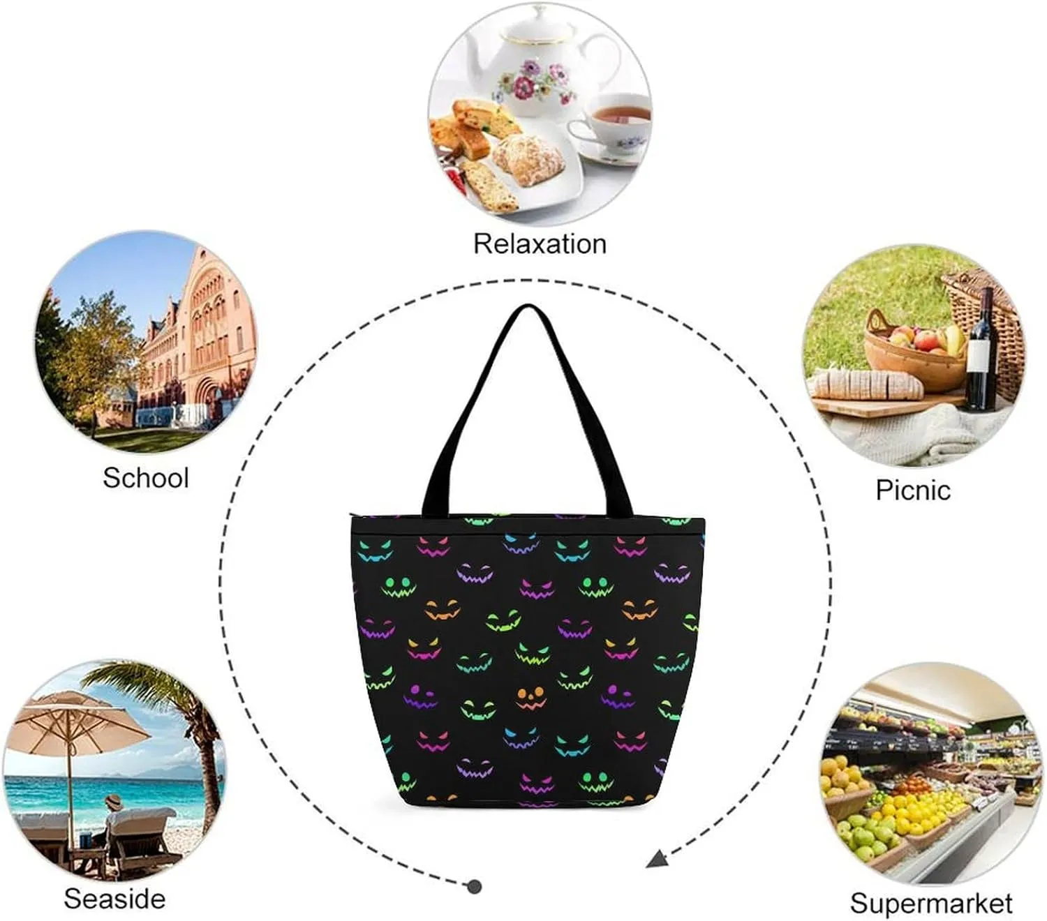 Multicolored Bright Faces Halloweens Hobo Handbags With Zipper Women's Tote Handbags