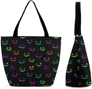 Multicolored Bright Faces Halloweens Hobo Handbags With Zipper Women's Tote Handbags