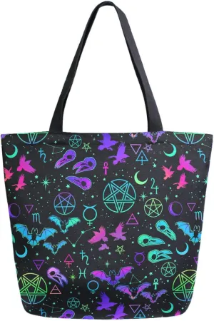 Naanle Canvas Tote Handle Bag, Magic Colors Bats Stars Floral Extra Large Shoulder Bag for Men Women Grocery Market Beach Travel Gym Shopping