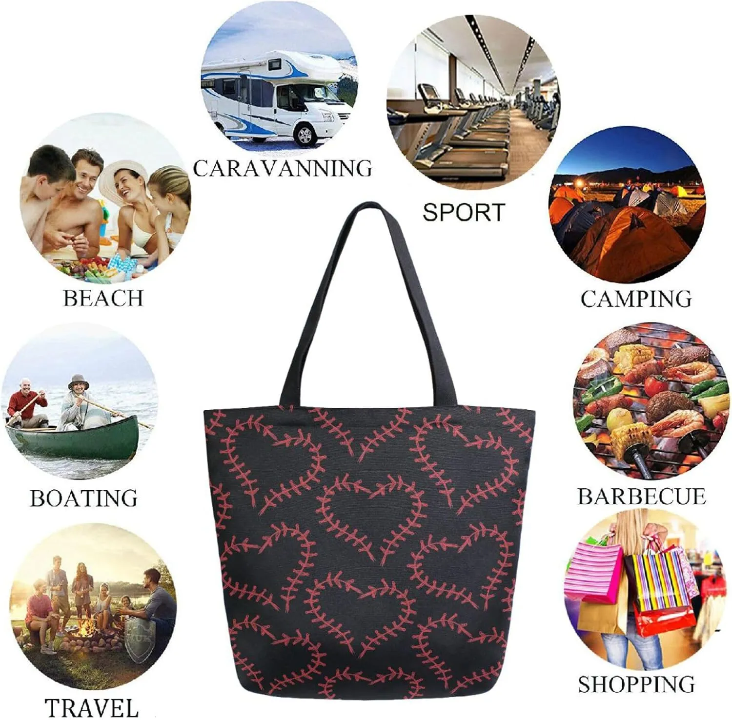 Naanle Extra Large Tote Handle Bags, Trendy Baseball in Hearts Black Canvas Reusable Market Beach Travel Gym Shopping Shoulder Bag for Women