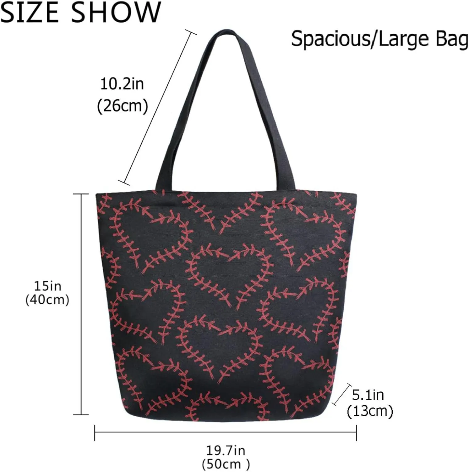 Naanle Extra Large Tote Handle Bags, Trendy Baseball in Hearts Black Canvas Reusable Market Beach Travel Gym Shopping Shoulder Bag for Women