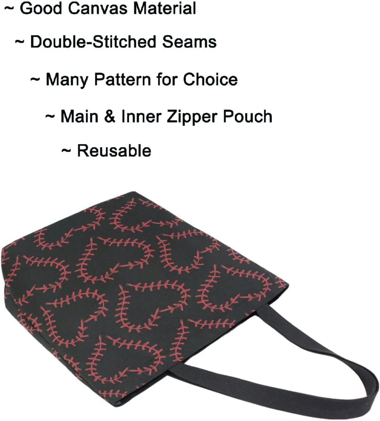 Naanle Extra Large Tote Handle Bags, Trendy Baseball in Hearts Black Canvas Reusable Market Beach Travel Gym Shopping Shoulder Bag for Women