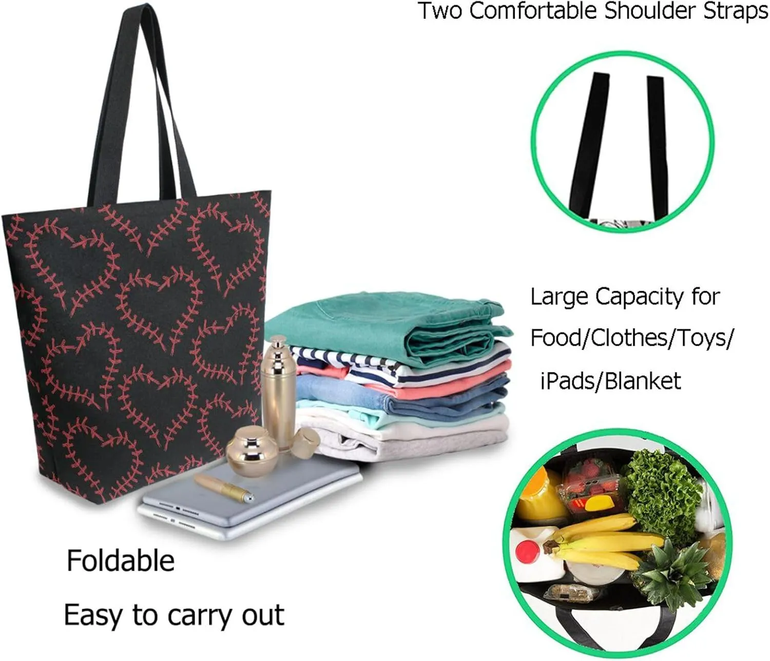 Naanle Extra Large Tote Handle Bags, Trendy Baseball in Hearts Black Canvas Reusable Market Beach Travel Gym Shopping Shoulder Bag for Women