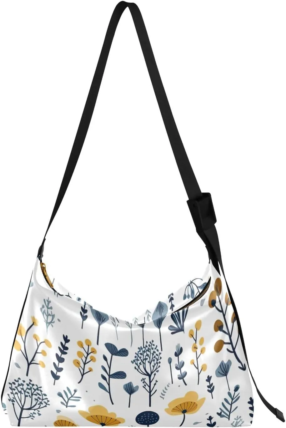 Nature Blue Leaf Tote Bag for Women Large Hobo Bags Hobo Crossbody Handbag Leather Hobo Bags with Adjustable Strap for Travel School