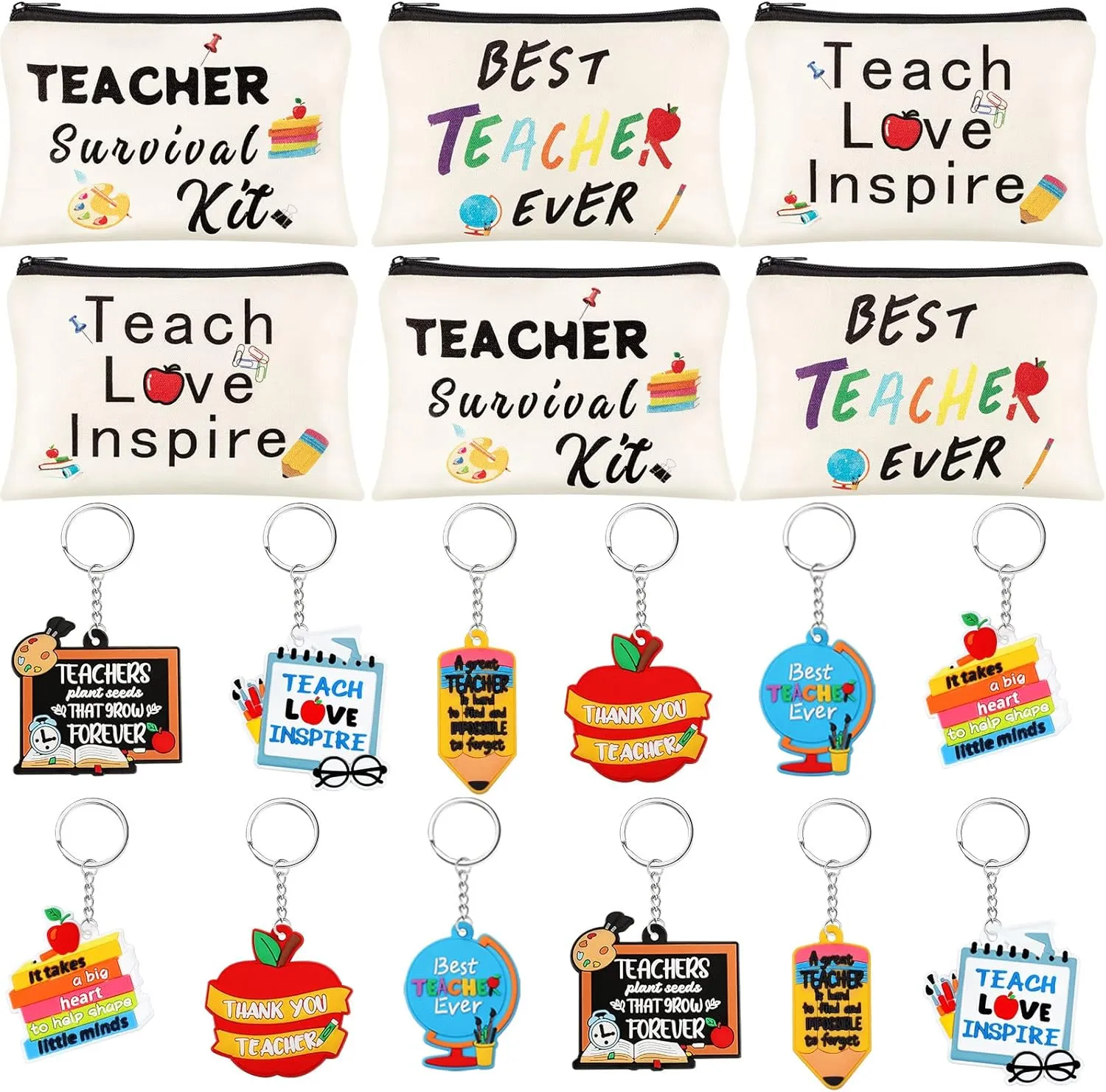 Nosiny 18 Pcs Teacher Appreciation Gifts Set 12 Teacher Keychains Bulk 6 Makeup Pouch Cosmetic Bag Thank You Gifts for Women Christmas
