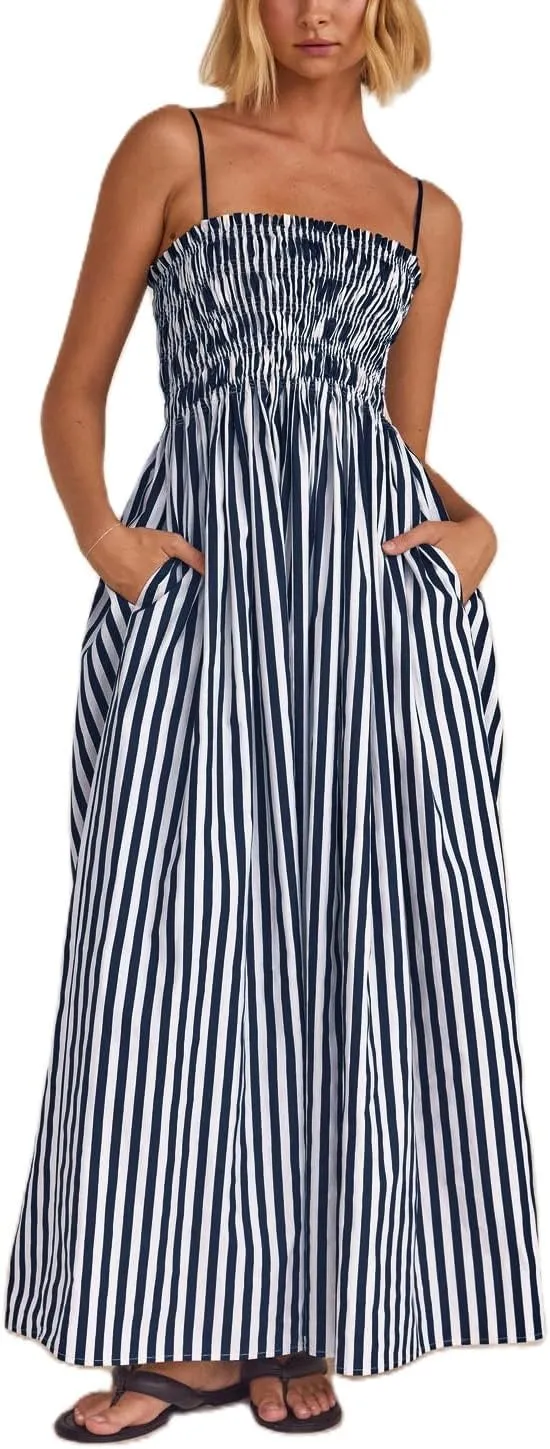 NUFIWI Women Summer Boho Striped Maxi Dress Spaghetti Strap Smocked Flowy Long Dress Ruffle Swing Tiered Beach Sundress