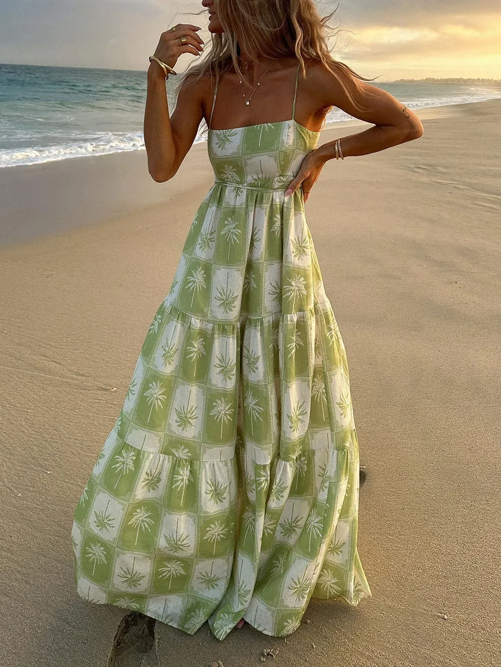 NUFIWI Women Summer Boho Striped Maxi Dress Spaghetti Strap Smocked Flowy Long Dress Ruffle Swing Tiered Beach Sundress