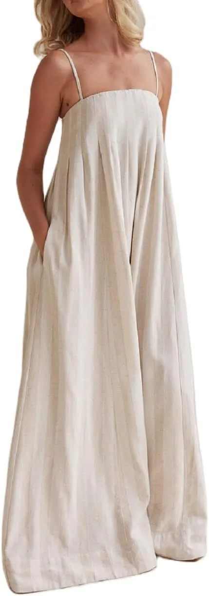 NUFIWI Women Summer Striped Maxi Dress Spaghetti Strap Backless Smocked Long Dress Boho Flowy A Line Beach Sundress
