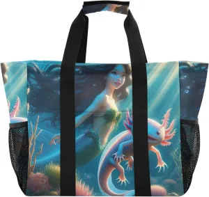 ODAWA Reusable Lightweight Portable Grocery Tote for Women - Large Grocery Bags with Pockets, Axolotl Mermaid