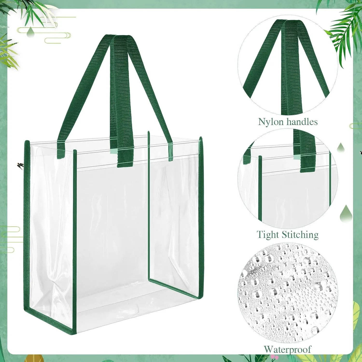 Paterr 30 Pcs Clear Tote Bag Stadium Approved Bulk 10 x 10 x 4 inch Plastic Tote Gifts Bags with Handle for Women Sports Gym(Green)