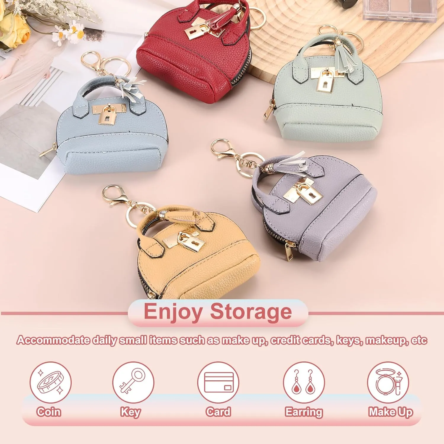 PATIKIL Mini Tote Bag Keychain, 2 Pcs Cute Coin Purse Keychain PU Leather Backpack Purse Key Chain Little Cosmetic Bag Keychains for Women Makeup Card Data Cable, Purple